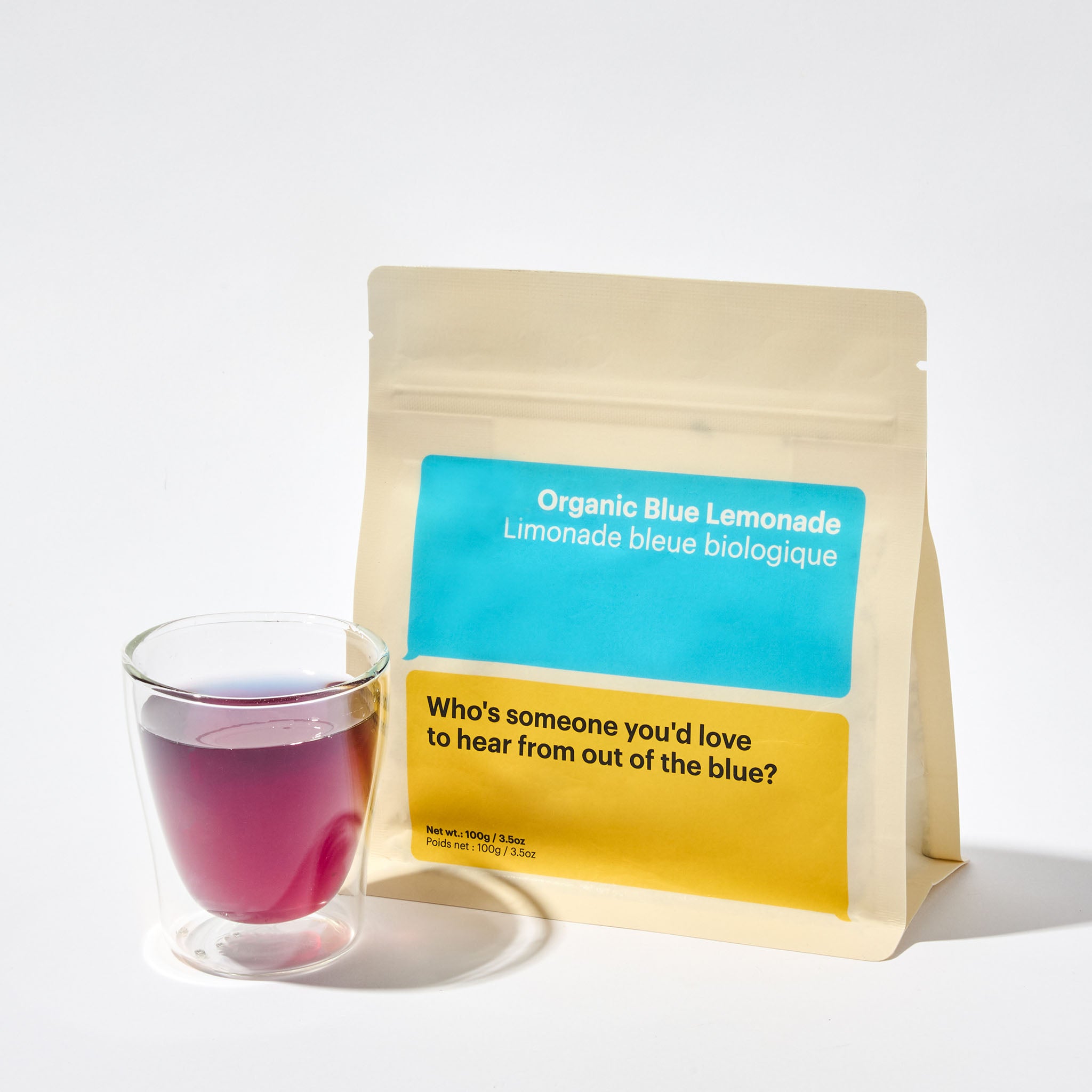 Organic blue lemonade tea, brewed tea in cup, viral changing butterfly pea tea