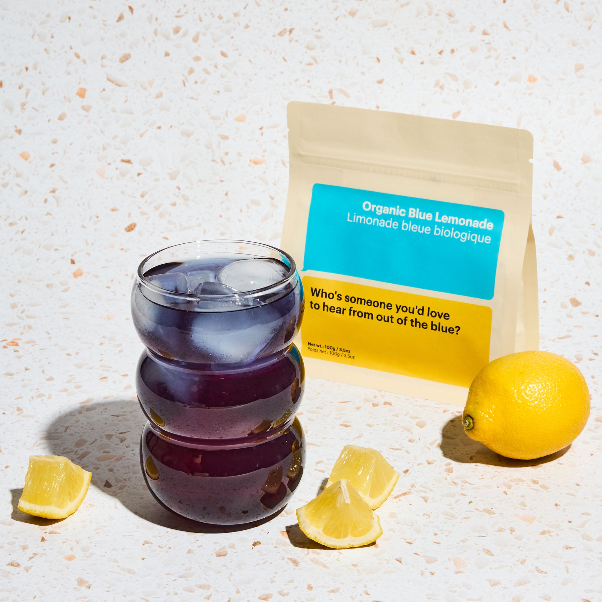 Habit, Organic blue lemonade, viral color changing tea, Butterfly Pea Flower Tea, lemon squeezed into iced tea