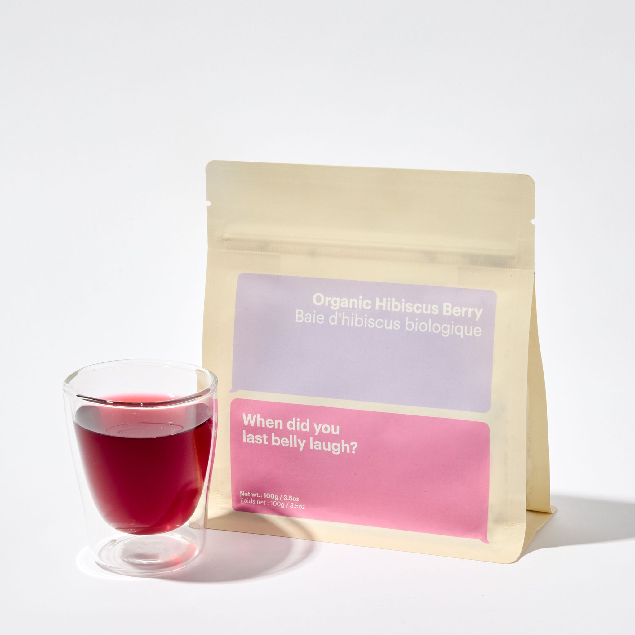 Organic Hibiscus Berry tea package, loose leave tea brewed in cup, red tea, summer tea