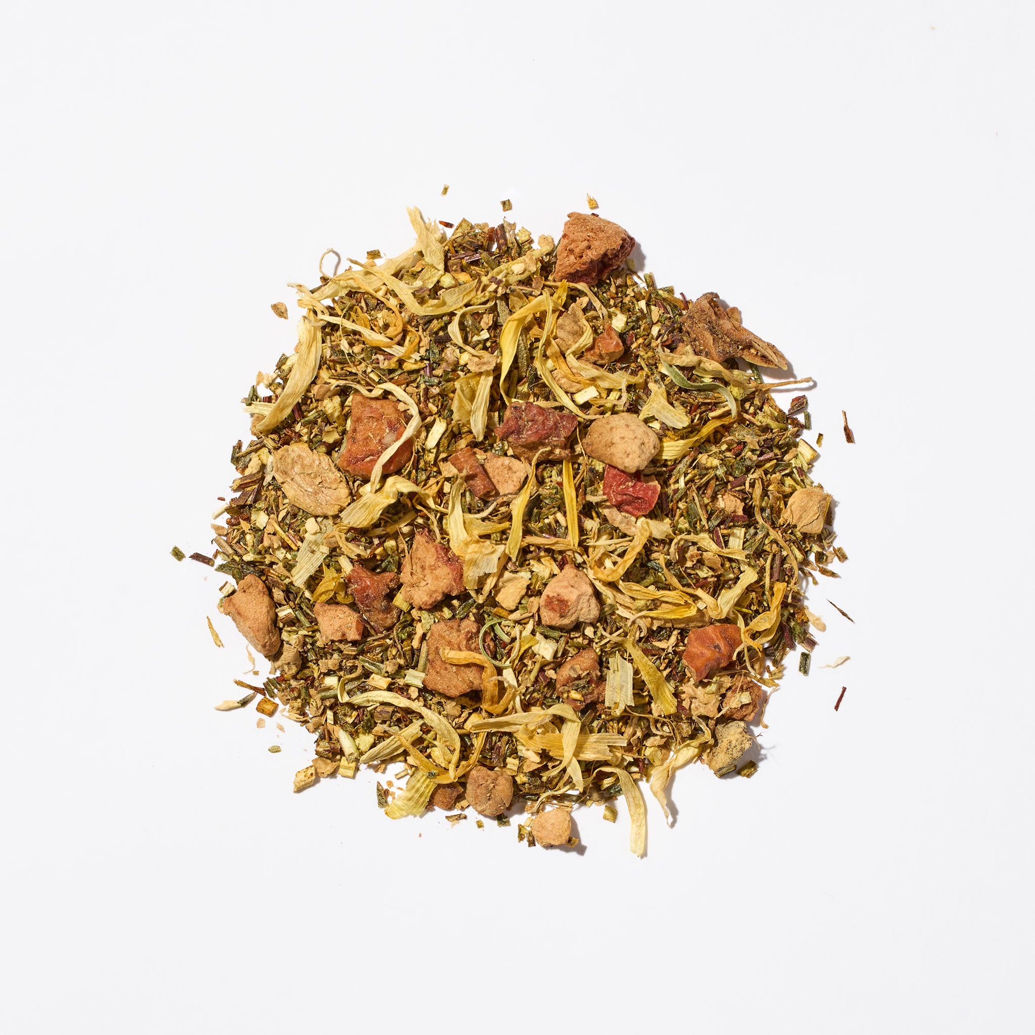 Macro close-up of organic Peach Ginger loose-leaf tea, highlighting the intricate, high quality ingredients including organic rooibos, apple pieces, ginger, and calendula petals