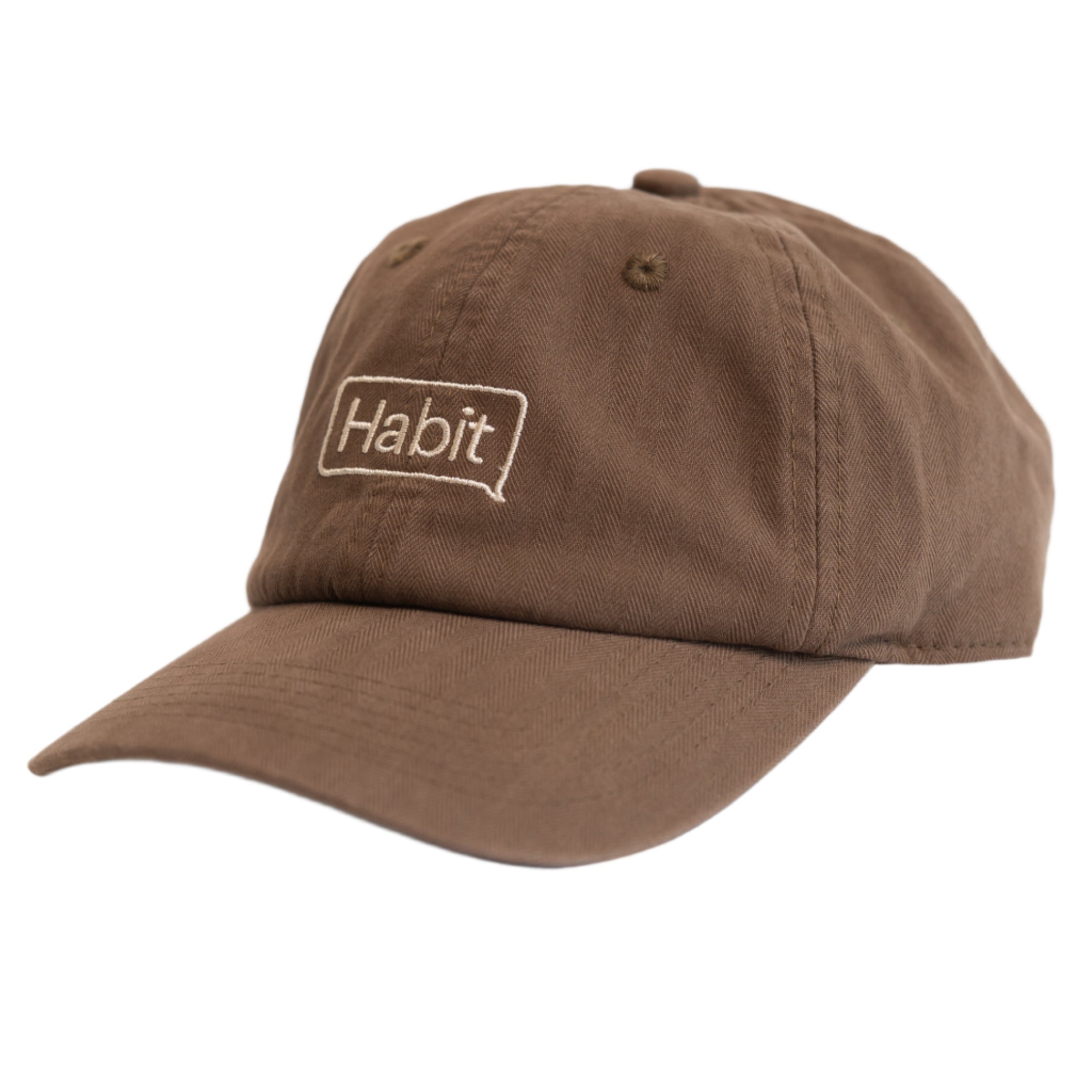 Brown cap with 'Habit' logo, brown baseball cap