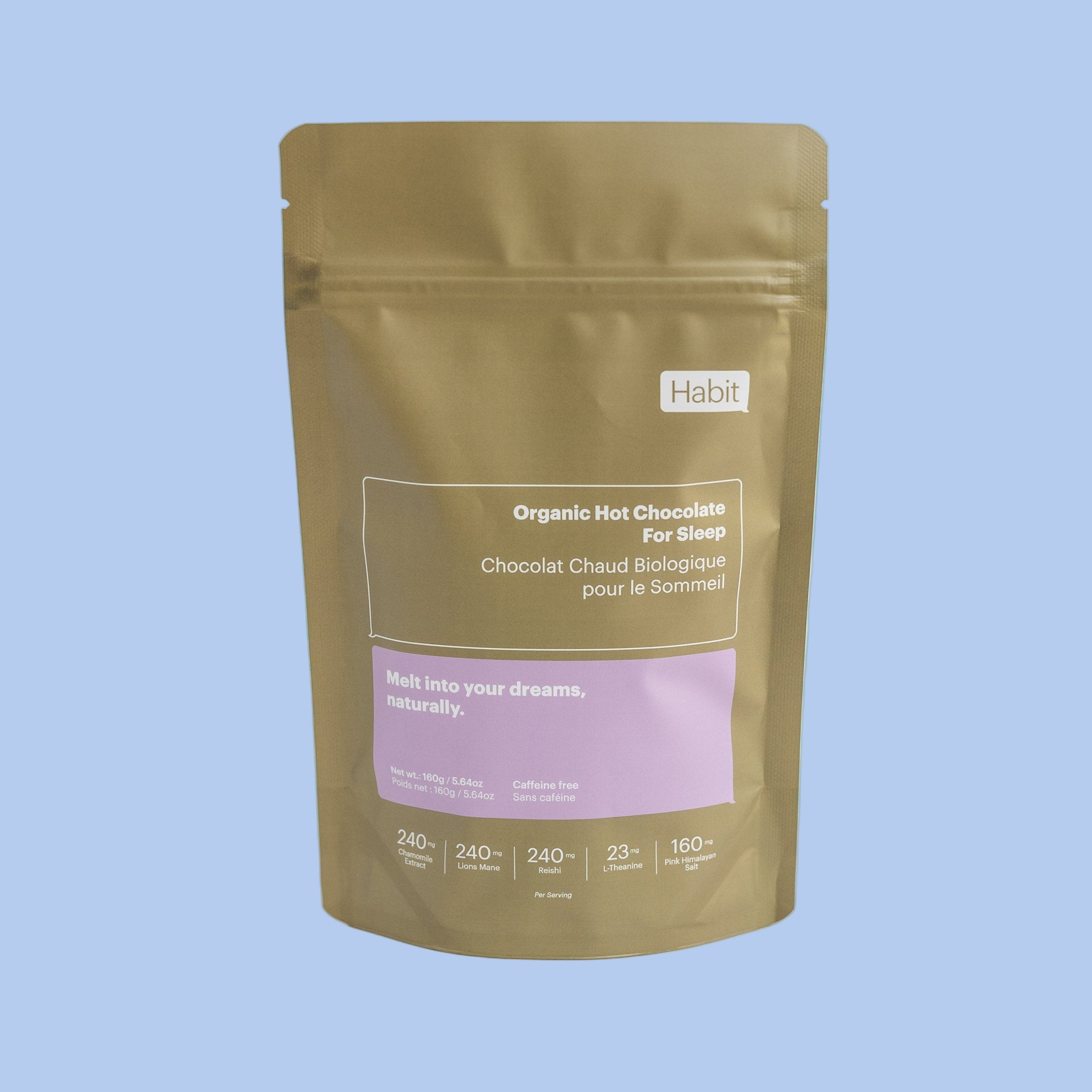 Organic hot chocolate for sleep, naturally fall asleep, natural, mushroom hot chocolate drink for sleep, brown bag on light blue background