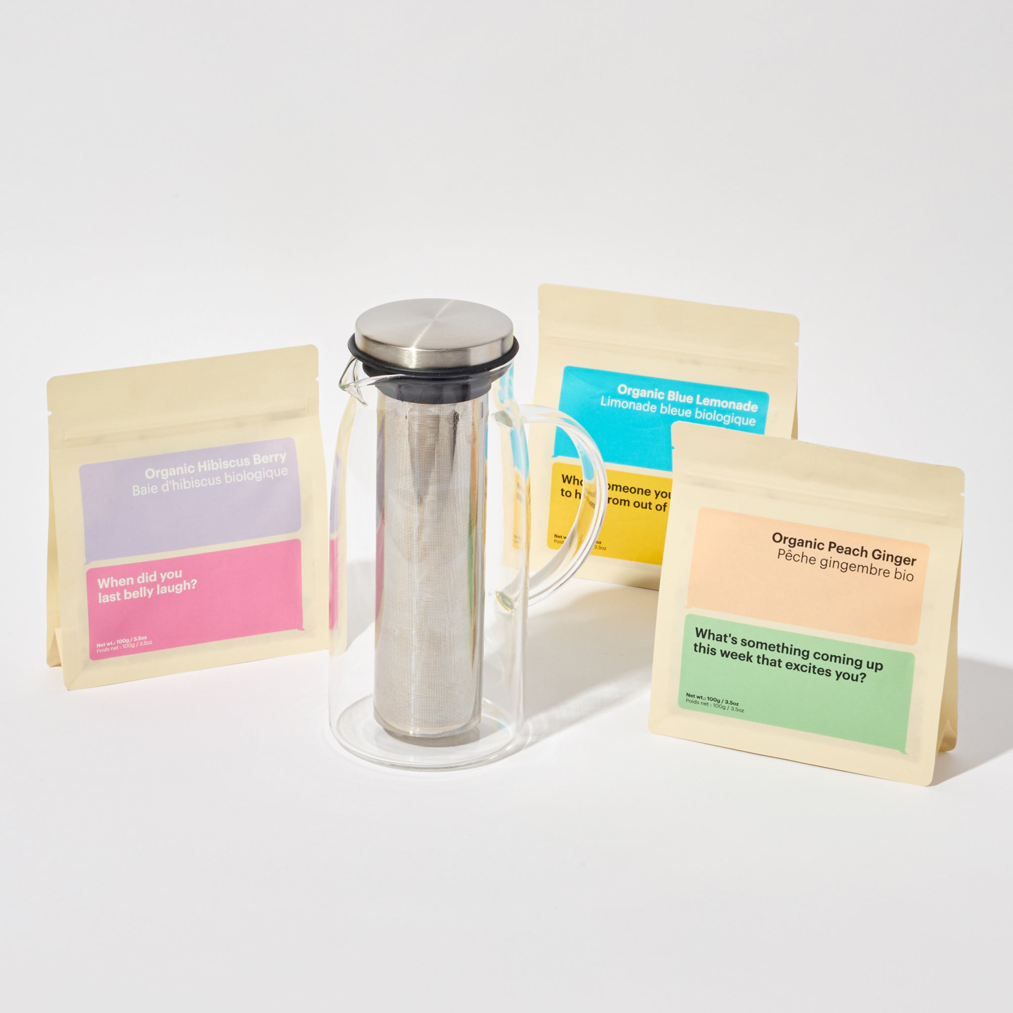 Summer iced tea, organic tea, glass tea infuser with 1.5 liter capacity, low toxin, stainless steel, organic peach ginger, organic blue lemonade, organic hibiscus berry  